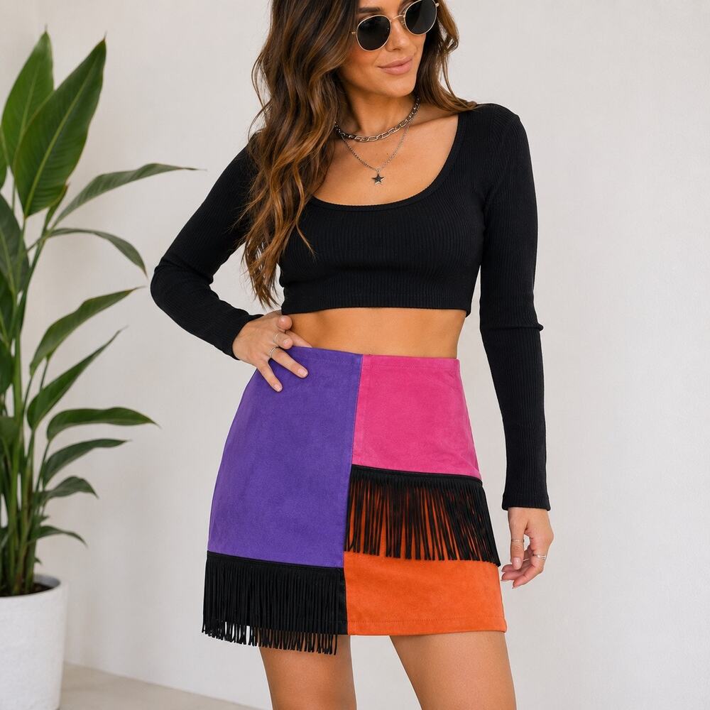 Vintage Colorblock Fringe Leather Mini Skirt Sz S